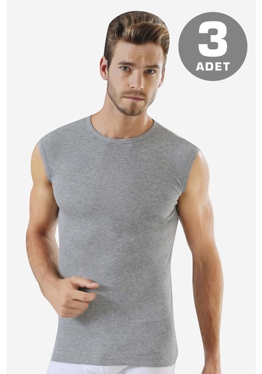 3'lü Paket Gri Kolsuz Erkek Atlet Yuvarlak Yaka Sıfır Kol Tişört %100 Pamuklu Gri