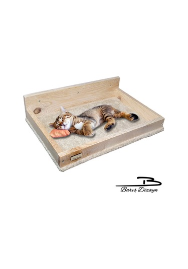 Barış Dizayn Duvara Monte Doğal Ahşap Kedi Yatağı Peluş kaplamalı
