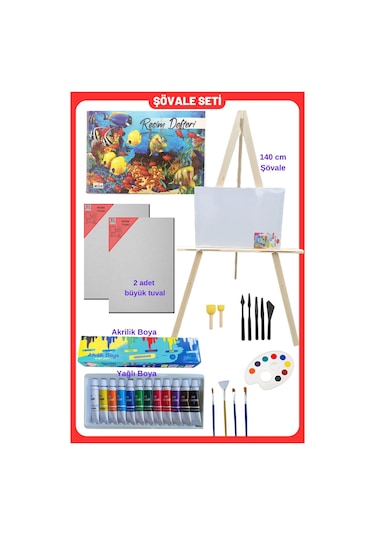 Yağlı Boya Resim Başlangıç Seti-şövale,35 50cm Resim Defteri Ve 2 Tuval, Şövalye