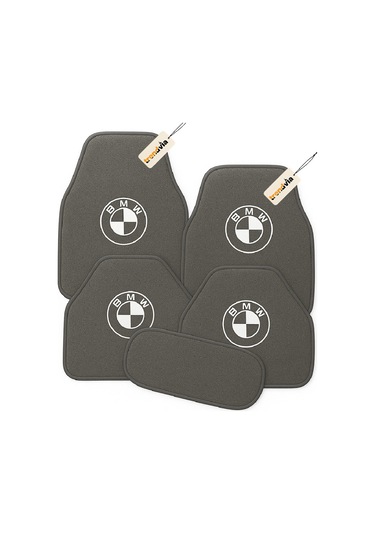 Bmw Logolu Kaymaz Tabanlı Gri Oto Halı Paspas 5 Parça Set Dayanıklı Araç İçi Paspas Takımı