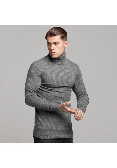 Erkek Orta Boyun Örme Kazak Kore Tarzı Katı Yarım Balıkçı Yaka Uzun Kollu Tişört Sıcak Satış Casual Tops Gri