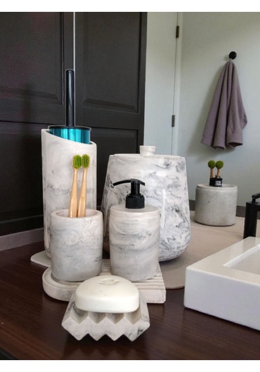 Mermer Serisi Beton Banyo Seti,çöp Kovasi,tuvalet Fırçası Takimı,tepsi,sıvı Ve Katı Sabunluk, Gri