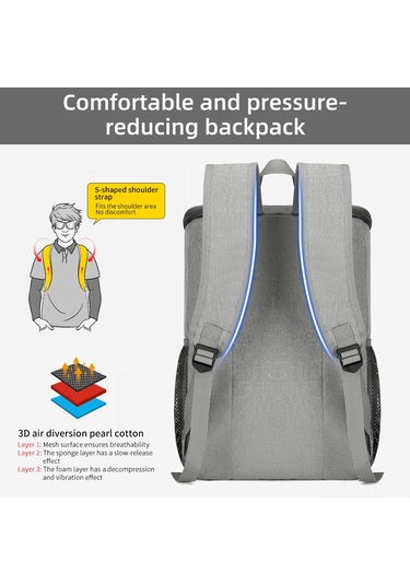 Symbee 24l Isı Ve Soğuk Saklama Özelliği Yüksek Kapasiteli Oxford Kumaş Çift Askılı Pansiyon Sırt Çantası - Gri Leakproof, Reflektör Şeritli, Dış Mekan Piknik Kamp İçin Gri