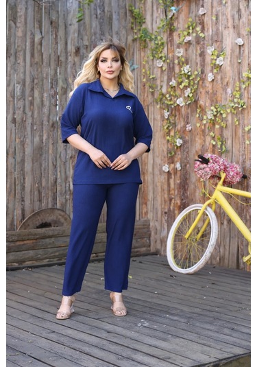 Kadın Günlük Patlı Gömlek Yaka Pantolon Takım Bürümcük Kumaş Lacivert