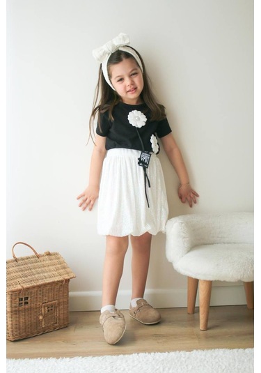 Kız Çocuk Pamuklu Papatya Aplike Detaylı T-shirt Balon Etek Altüst Takım 2 Parça Papatya Çok Renkli