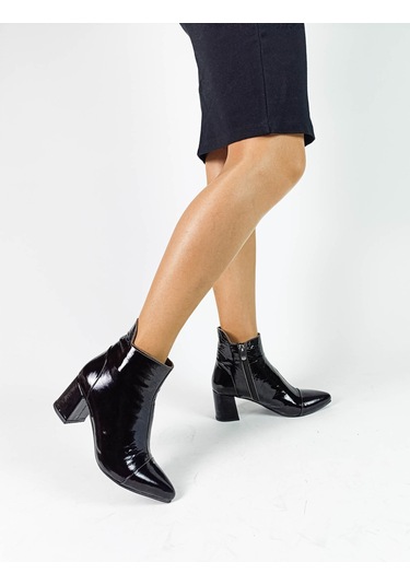 Hakiki Deri Acı Kahve Rugan Fermuarlı Kalın Topuk Kadın Bot Acı Kahve