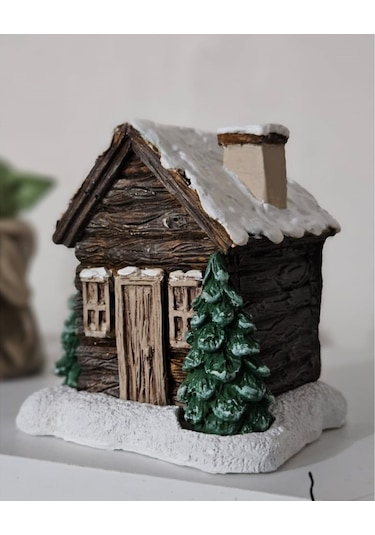 2 Adet Kar Efektli Ev Şeklindeki Yılbaşı Tema El Boyama Tütsülük