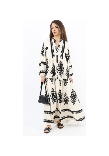 Prive Kadın Şal Desen Maksi Boy %100 Viskon Krem Siyah Uzun Elbise