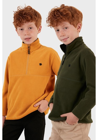 Lela Yumuşak Dokulu Fermuarlı Dik Yaka Şardonlu 2'Li Paket Çocuk Polar 5905002S2 Haki-Hardal