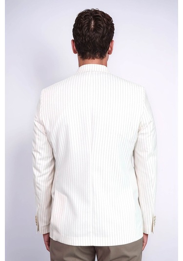Ekru Çizgili Keten Dokulu Gold Renk Metal Düğmeli Slim Fit Erkek Blazer Ceket Wessi Beige