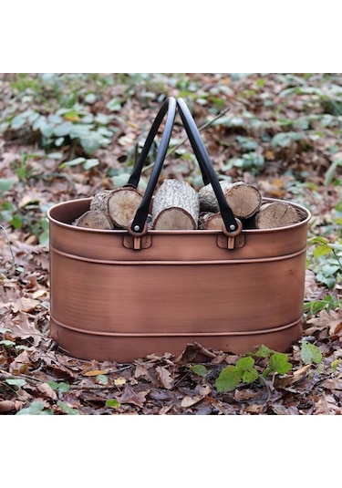 Bakır Çift Boru Kulplu Oval Odun Kovası