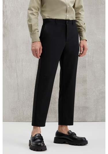 GRIMELANGE Vassel Erkek 360 Derece Esneyen Teknik Kumaşlı Fermuarlı Kordonlu Boru Paça Siyah Pantolon Siyah