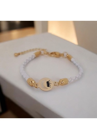 Archin Taç Temalı Doğal Beyaz Derili Ay Motifli 14 Ayar Altın Plakalı Hediye Bileklik-477sembol Taç