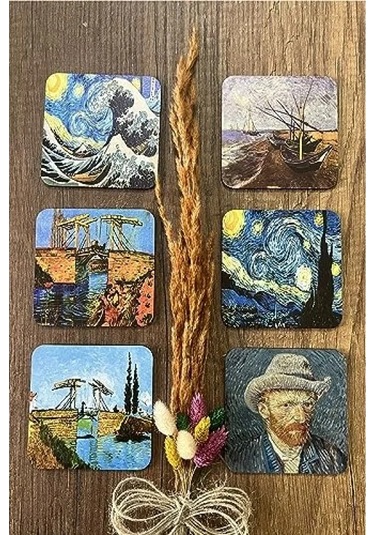 Van Gogh Temalı Ahşap Bardak Altlığı, 6'lı Set 9x9cm 1
