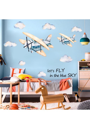Xiyyadms Pvc Çocuk Odası Duvar Sticker - Uçak Ve Bulut Desenli, 86x140cm, Kolay Yapıştır, Dekoratif Ve Onarıcı, Multifarbe, Ev/anaschool Uygun Çok Renkli