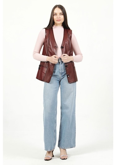 Dericlub Yb-2017 Gerçek Deri Kadın Yelek Bordo