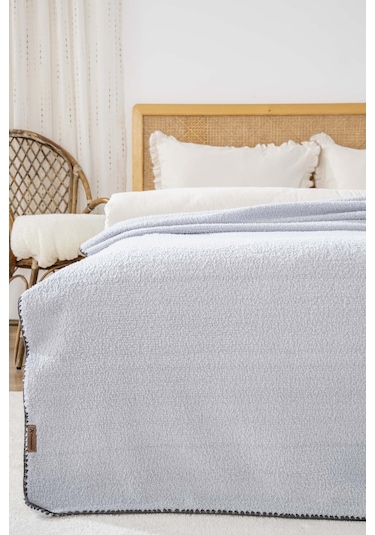 Açık Gri Valencia Sherpa Çift Kişilik Peluş Battaniye Gri