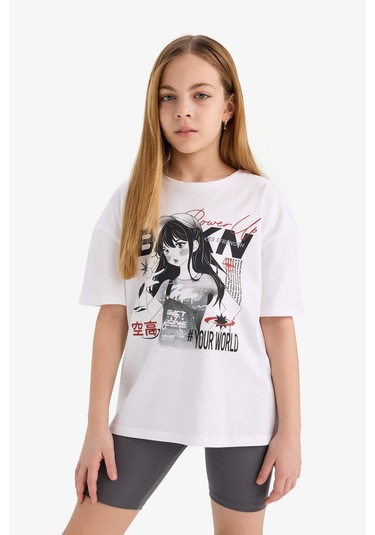 DeFacto Kız Çocuk 2'li Takım Baskılı Kısa Kollu Tişört Biker Tayt E5694A825HSAR58 Antrasit