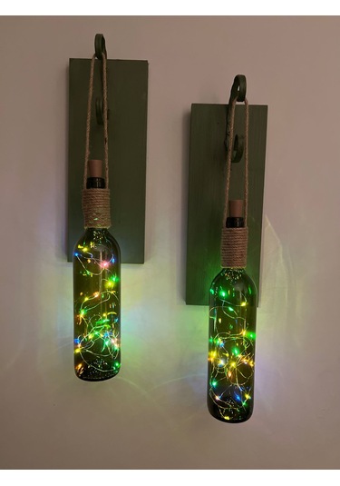 Ahşap  Retro Yeşil Şarap şişesi Duvar Aplik 2'li Set Yeşil