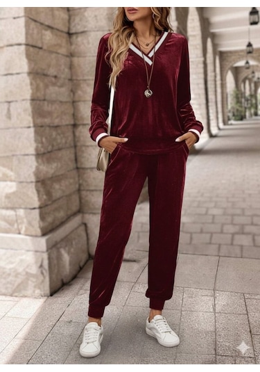 Evyora Kadın Uzun Kollu V Yaka Kadife Bluz Ve Pantolon Ikili Takım Kırmızı
