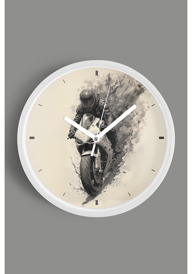Motorcu Modern Duvar Saati - 35cm - Önü Camlı Beyaz Kasa - Sessiz Mekanizma Beyaz
