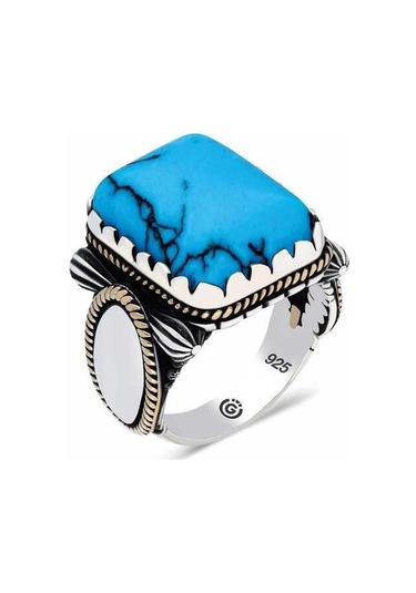 Hk Gümüş Erkek Yüzük Zirkon Turkuaz Taşlı Kare Gümüş Takı Hediyelik Ürünler-202244 Çok Renkli