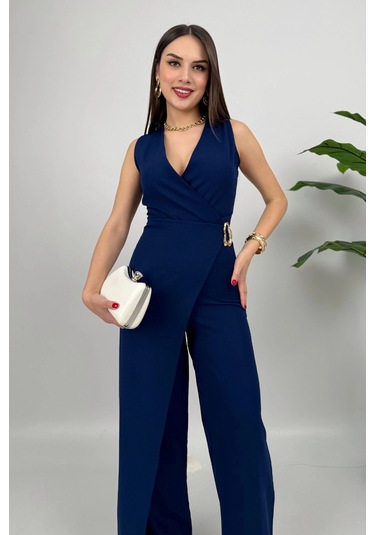 Crimson Icon Kadın Kemer Detaylı Askılı Bol Paça Lacivert Tulum Rahat Şık Yazlık Kombin Lacivert