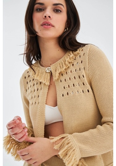 Peraluna Mıyoki Cardıgan & Shorts Mevsimlik Pamuklu Kadın Triko T Bej