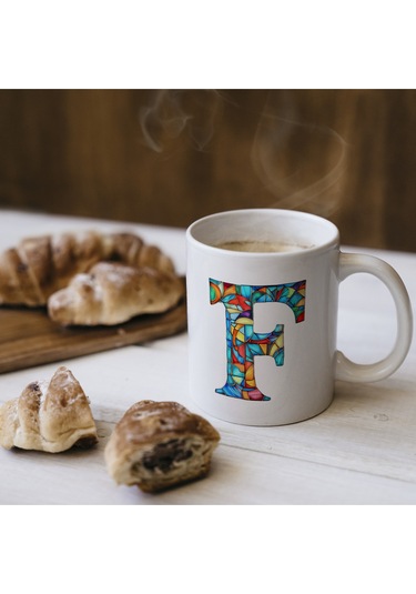 F Harfi Bardak 330 Ml İsme/harfe Özel Hediye, Renkli Harf Tasarım Beyaz