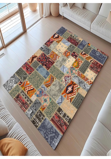 Renkli Patcwork Desen Modern Halı Dekoratif Kilim Çok Renkli