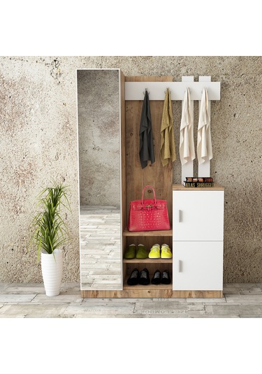 Robin Home Liva Aynalı Vestiyer Portmanto Ayakkabılık Çam-beyaz