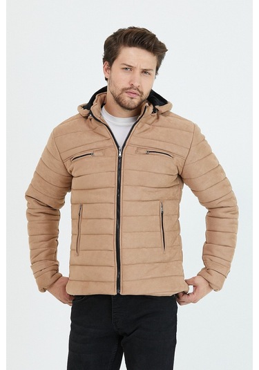 Erkek Vizyon Dar Kesim Kapüşonlu Süet Mont Vizon