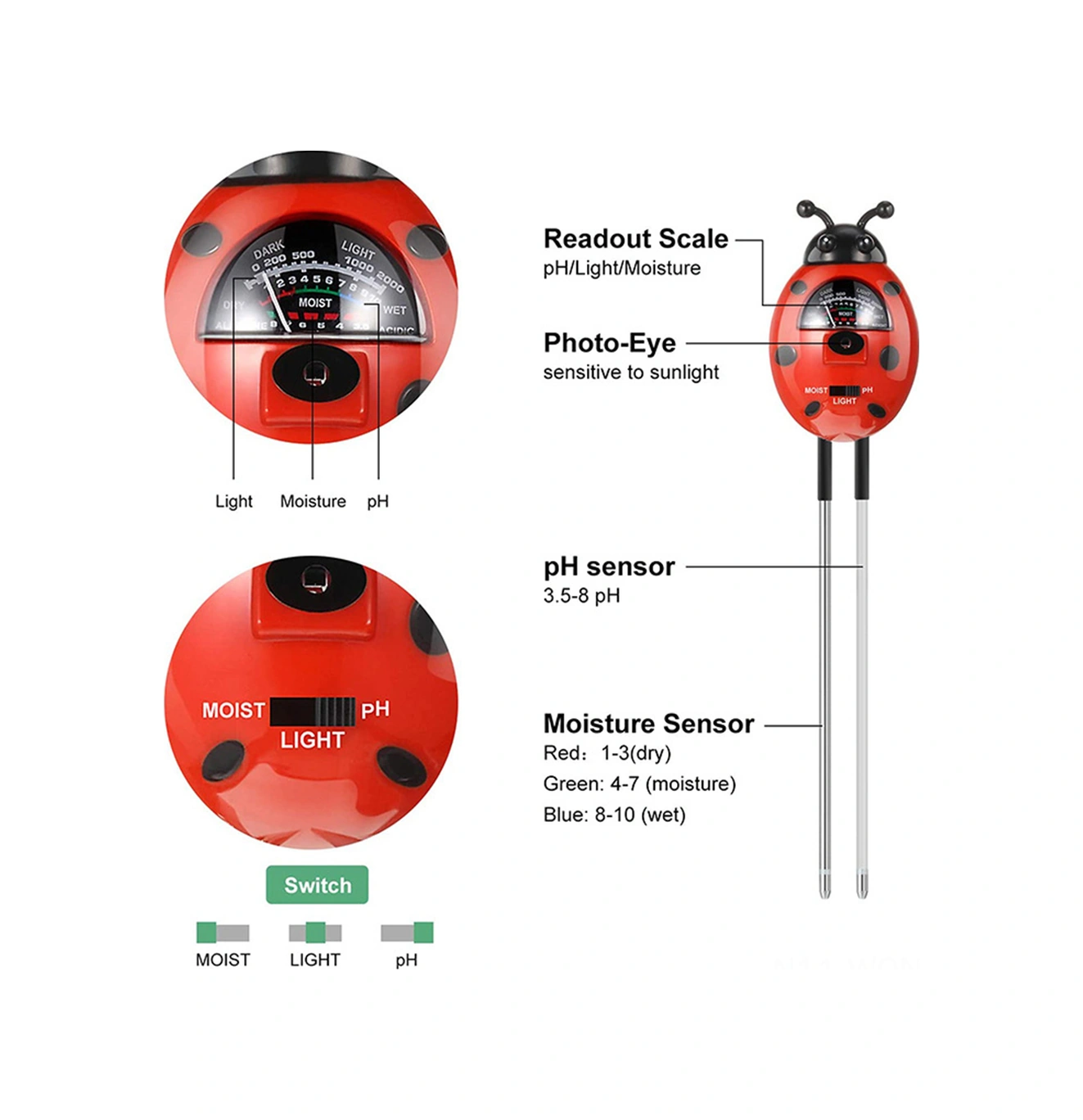 Neevoyu Bitki Toprak Analizi Aleti - Nem, Asitlik Ph 3.5-8 Ölçer - Böcek Şekli - Abs Malzeme - Pil Dahil Değil