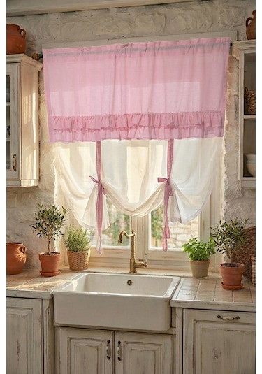 Country Style Potlu Perde Çift Fırfırlı Bebe Pembesi
