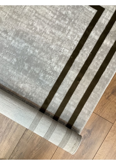 Saraz Halı Çerçeve Model Bambu Yıkanabilir Parlak Halı Kahve Çizgi Kahve-gri