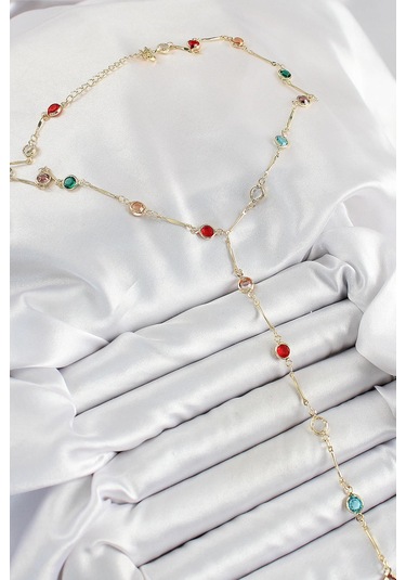 Pirinç Asorti Model Gold Renk Zirkon Taşlı Y Kolye Çok Renkli