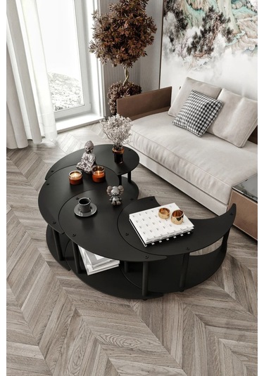 Ravilo Yin Yang 4'lü Orta Sehpa Siyah 90 Cm Siyah