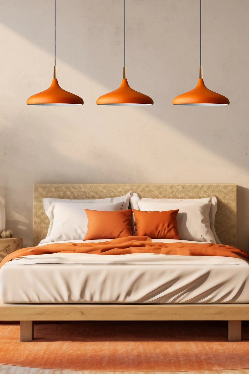 Üçlü Turuncu Ahşap Başlık Sarkıt Lamba Yemek Masası Oturma Odası Mutfak Salon Otel Showroom Hol Turuncu