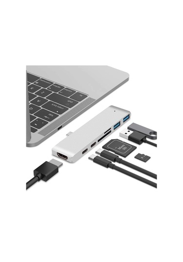 Cbtx Çift Usb-c Hub Type-c - Thunderbolt 3 + Type-c + 4k Hdmı + Usb 3.0 X 2 + Sd + Microsd Kart Okuyucu Adaptörü - Gümüş