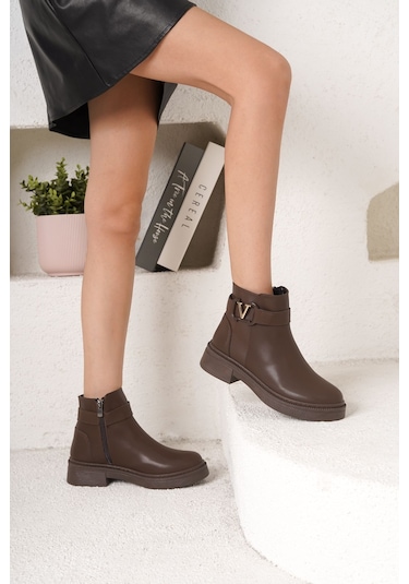 D802 Kadın Yanı Tokalı Ortopedik Soğuk Geçirmez Bot Kahverengi