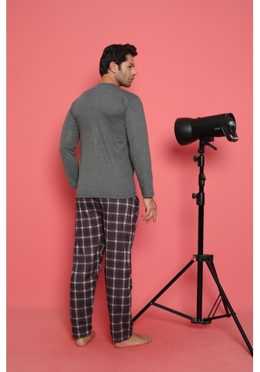 Erkek Penye Pamuk Regular Kalıp Sıfır Yaka Pijama Takımı A803123-füme Füme