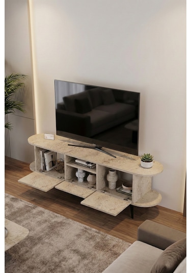 Tv Sehpası 160 Cm Modern 3 Kapaklı Tv Sehpa Çok Amaçlı Konsol Ünitesi Mira Ekru