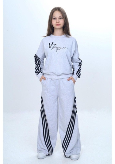 Kız Çocuk %100 Pamuk Şeritli Oversize 2 İplik Alt&üst Eşofman Takımı-305-eşt-0009 Gri