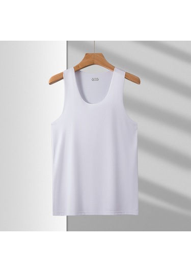 Yuvarlak Yaka Buz İpek Kumaş Spor Süper Elastik Slim Fit Erkek Kolsuz Atlet Tshirt Beyaz