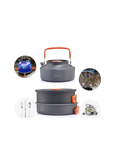 Wıdesea Wsc-203J 2-3 Kişilik Alüminyum Kamp Tencere Seti Çaydanlık Kızartma Tavası Bpa Içermez Fda Sertifikalı Değil - Gri/Kırmızı