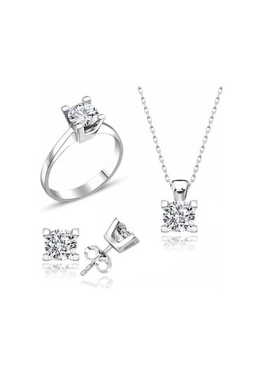 Sertifikalı Swarovski Taş Klasik Tek Taş 925 Gümüş Set Takım
