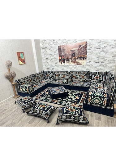Coton Şark Köşesi Otantik Desenli Lüks Minder Takımı Konsept Lacivert