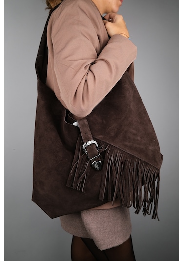 Rosalın Kahve Hakiki Süet Deri Püsküllü Kadın Omuz Çantası Kahverengi