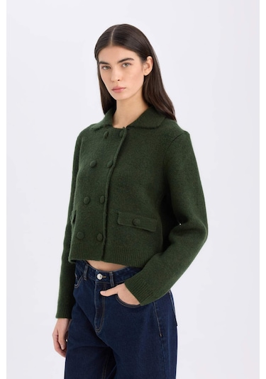 DeFacto Regular Fit Polo Yaka Basic Düz Düğmeli Triko Hırka E2289AX24WNKH470 Haki