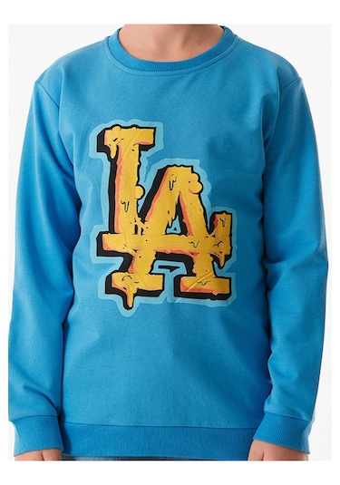 Erkek Çocuk La Yazı Desenli Mavi Renk Sweatshirt Mavi